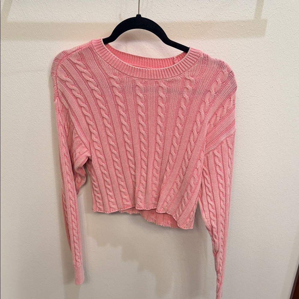 Aerie Cropped Pink Cable Knit Sweater